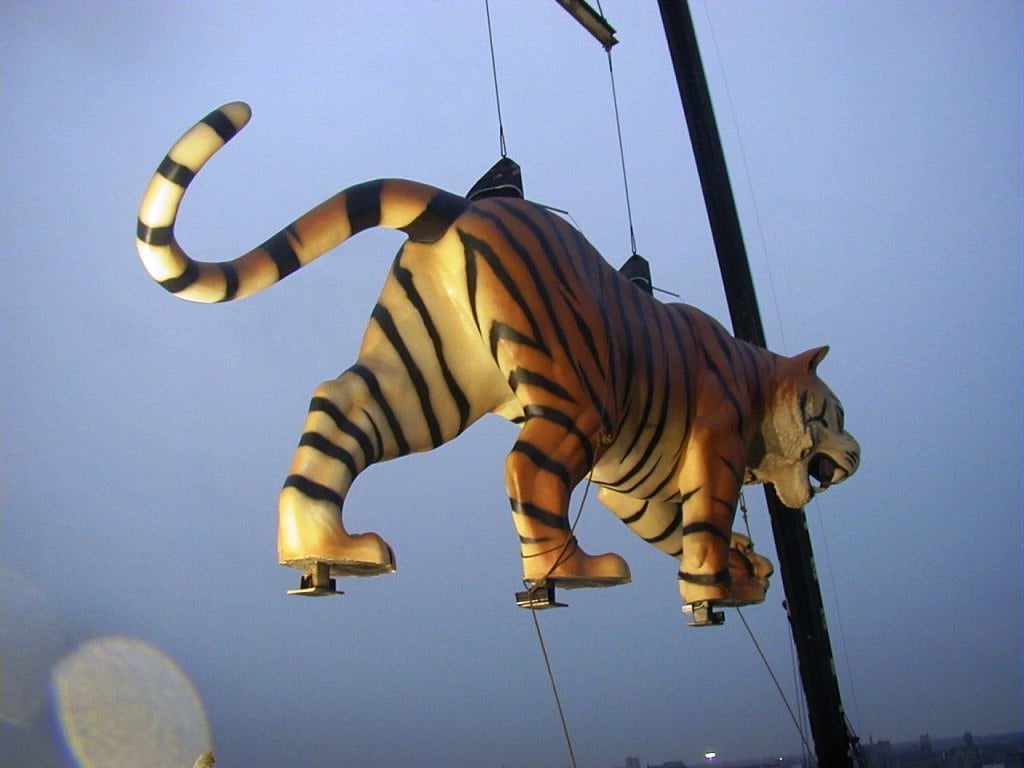 Close up of a tiger statue in front of the Comerica Park entrance